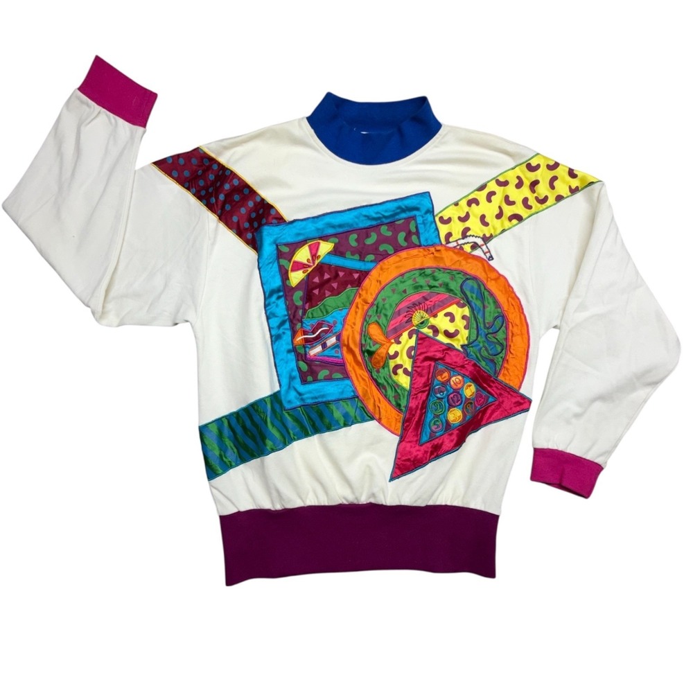 Cedars 80s Style Abstract Geometric Print Mock Neck Sweatshirt Women Size M VTG